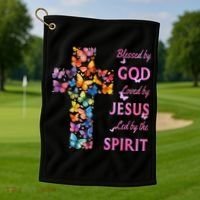 Blessed By God Loved By Jesus Butterfly Cross Golf Towel thumb 1