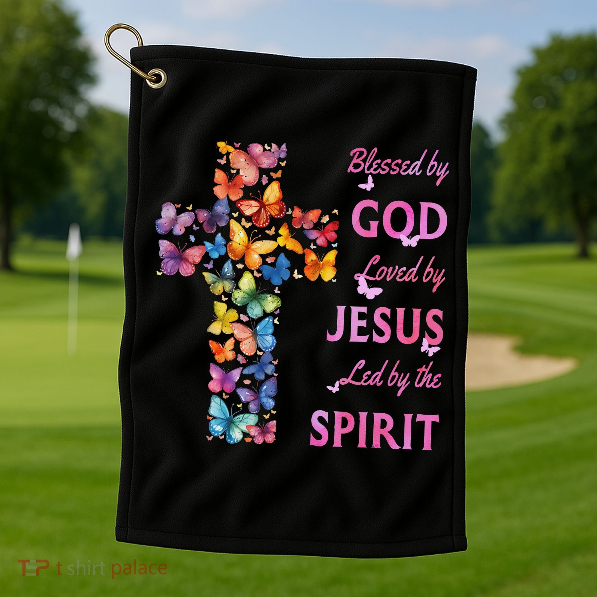 Blessed By God Loved By Jesus Butterfly Cross Golf Towel