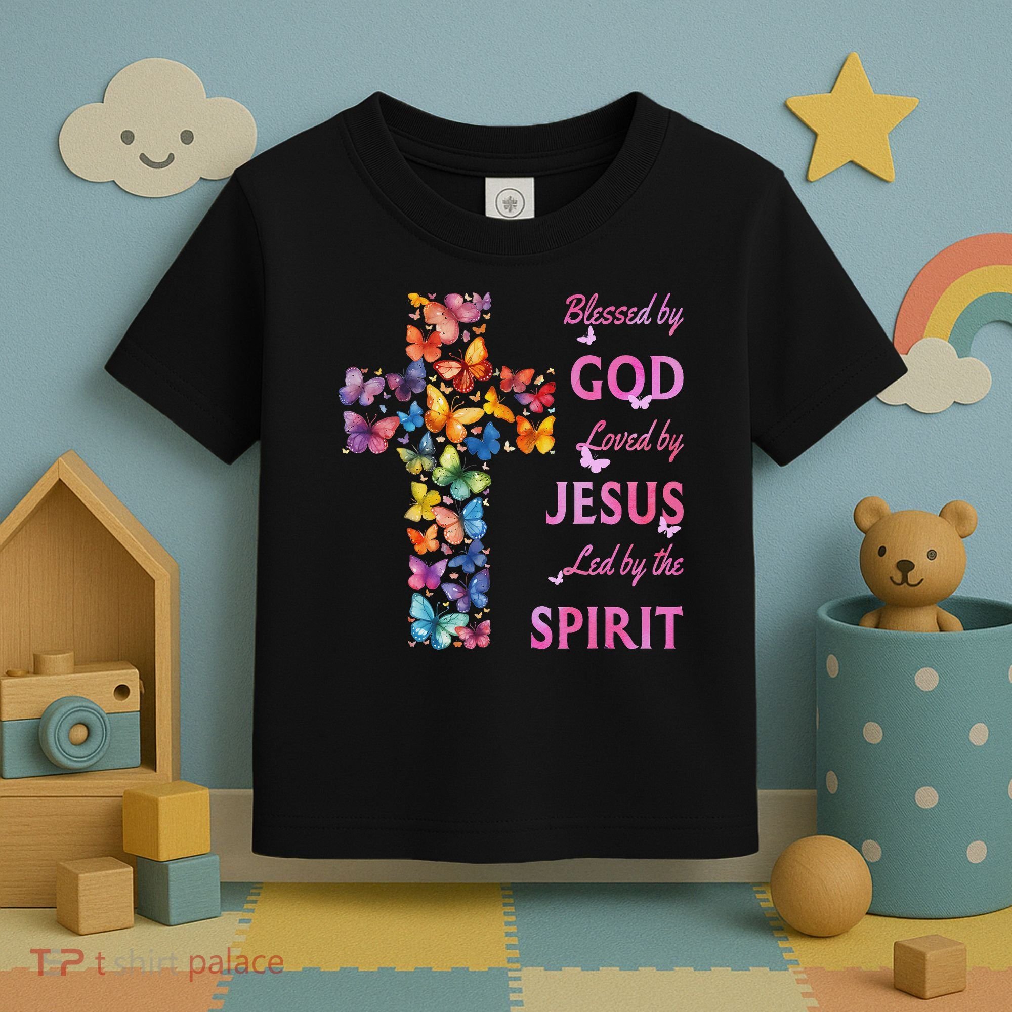 Blessed By God Loved By Jesus Butterfly Cross Toddler T-Shirt