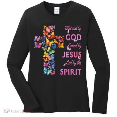 Blessed By God Loved By Jesus Butterfly Cross Women's Long Sleeve Shirt
