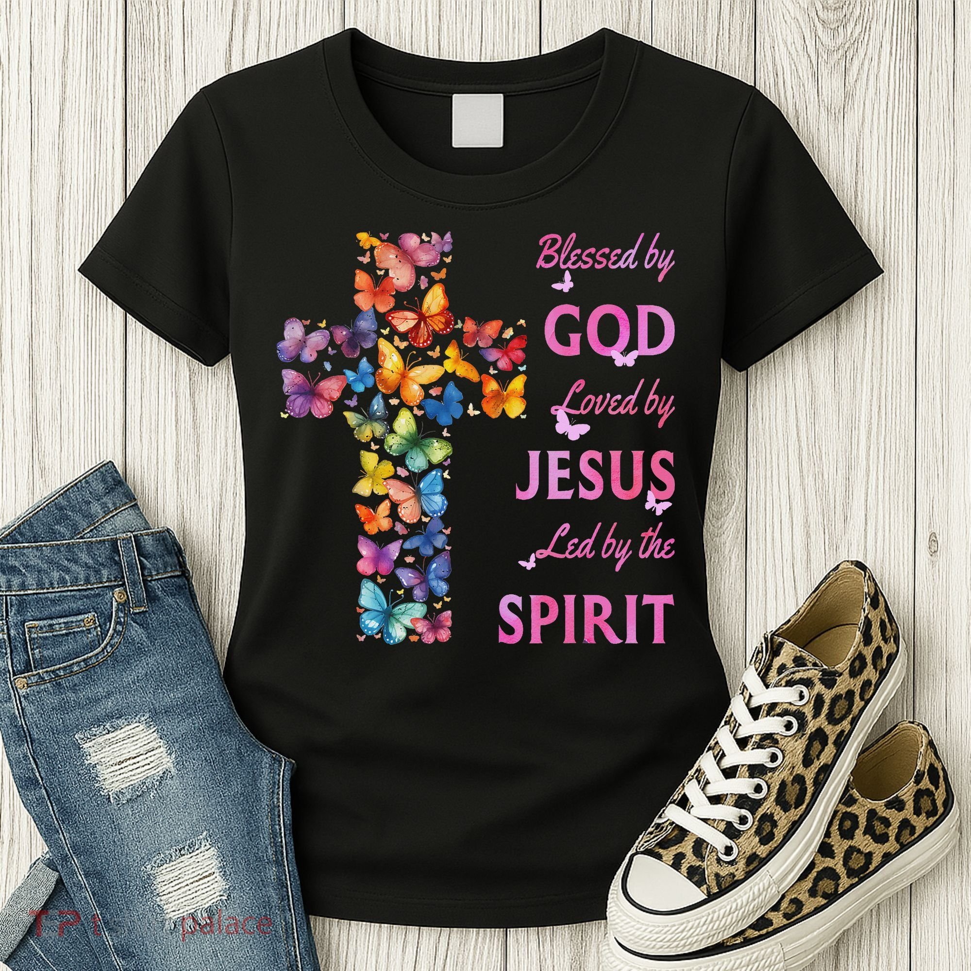Blessed By God Loved By Jesus Butterfly Cross Women's T-Shirt