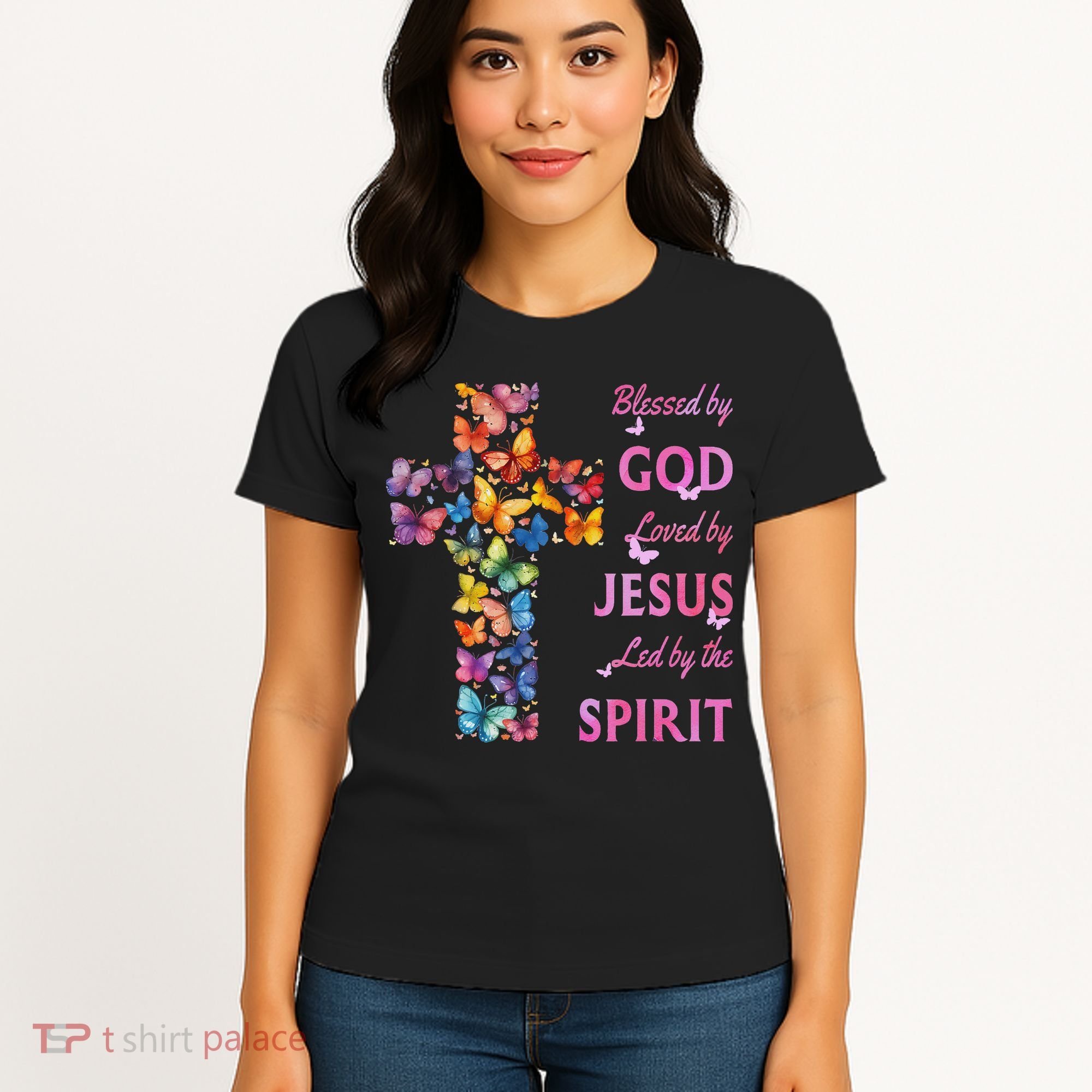 Blessed By God Loved By Jesus Butterfly Cross Women's T-Shirt