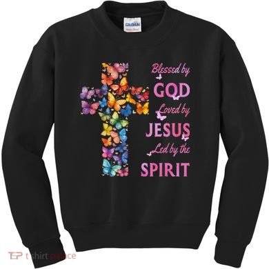 Blessed By God Loved By Jesus Butterfly Cross Kids Sweatshirt