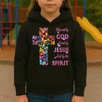 Blessed By God Loved By Jesus Butterfly Cross Kids Hoodie thumb 3