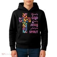 Blessed By God Loved By Jesus Butterfly Cross Kids Hoodie thumb 4