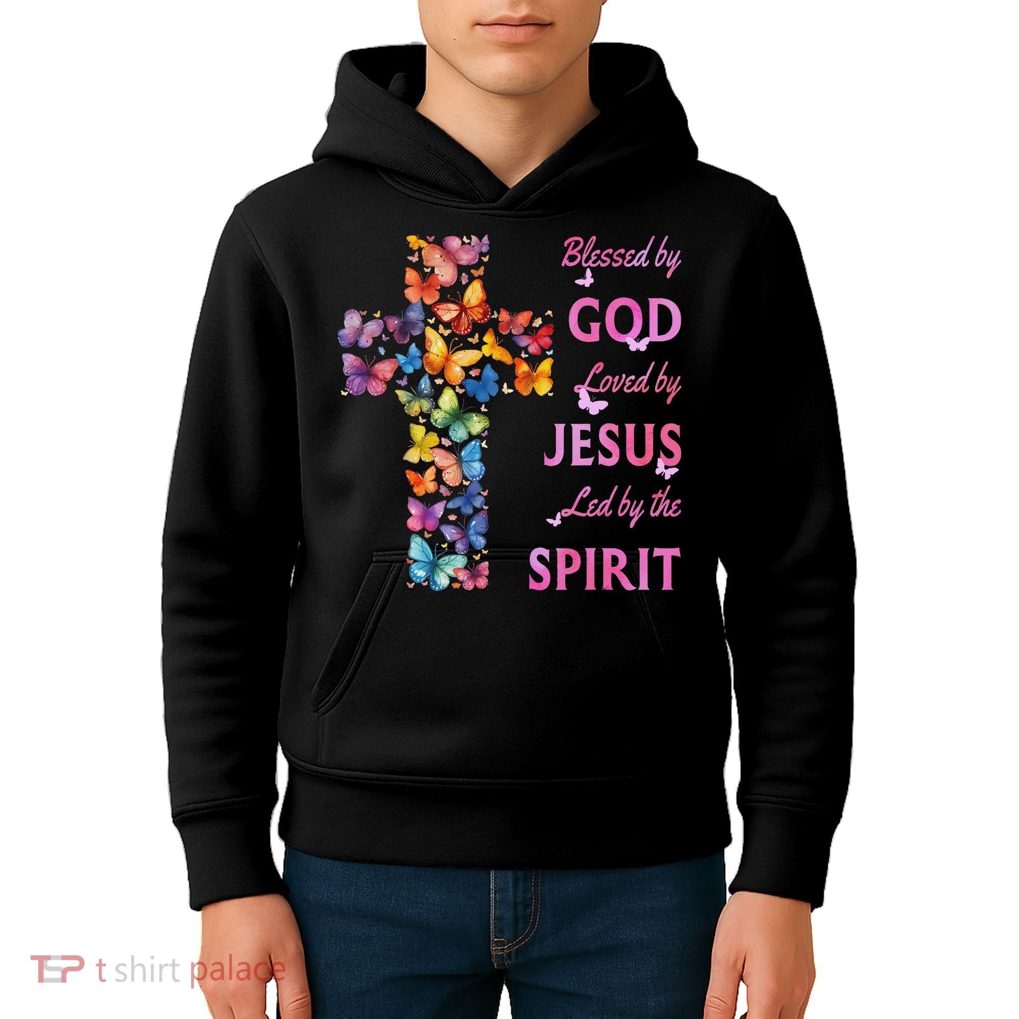 Blessed By God Loved By Jesus Butterfly Cross Kids Hoodie