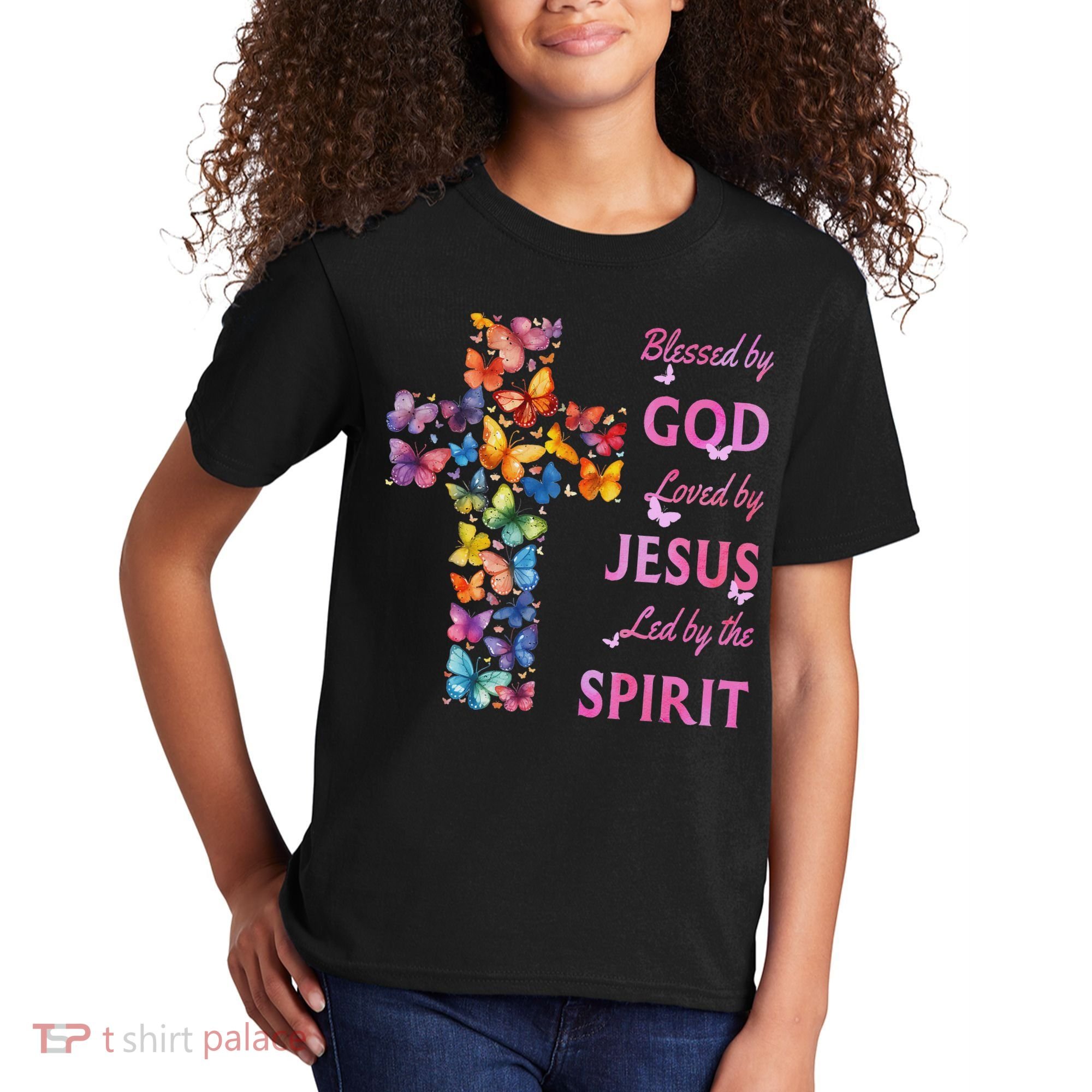Blessed By God Loved By Jesus Butterfly Cross Kids T-Shirt