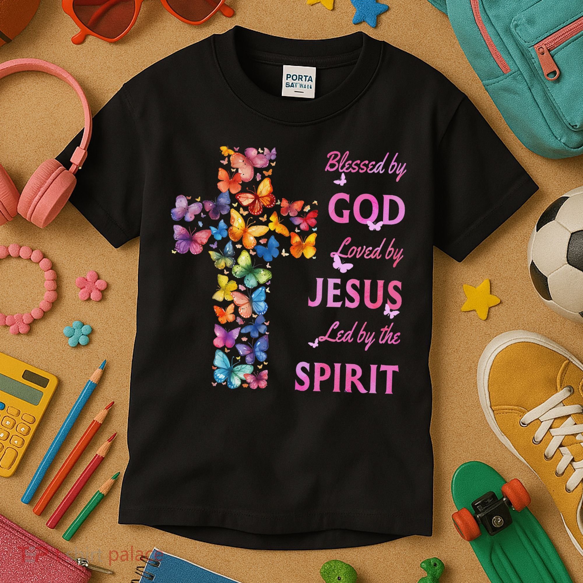Blessed By God Loved By Jesus Butterfly Cross Kids T-Shirt