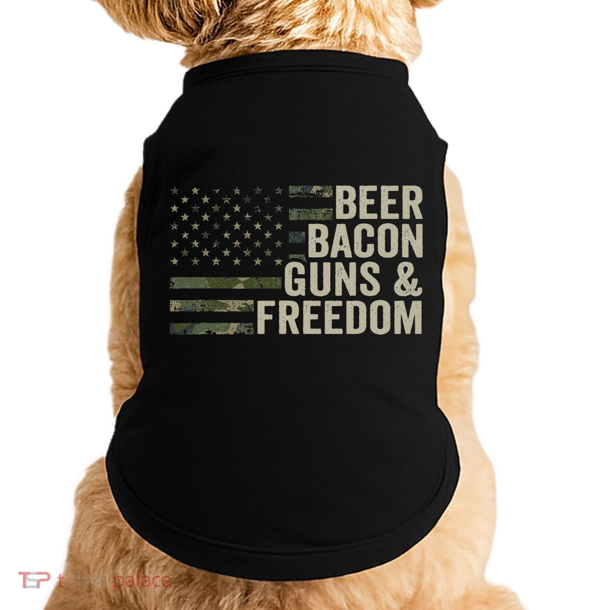 BEER BACON GUNS & FREEDOM - Funny BBQ Drinking Gun Camo Doggie Tank
