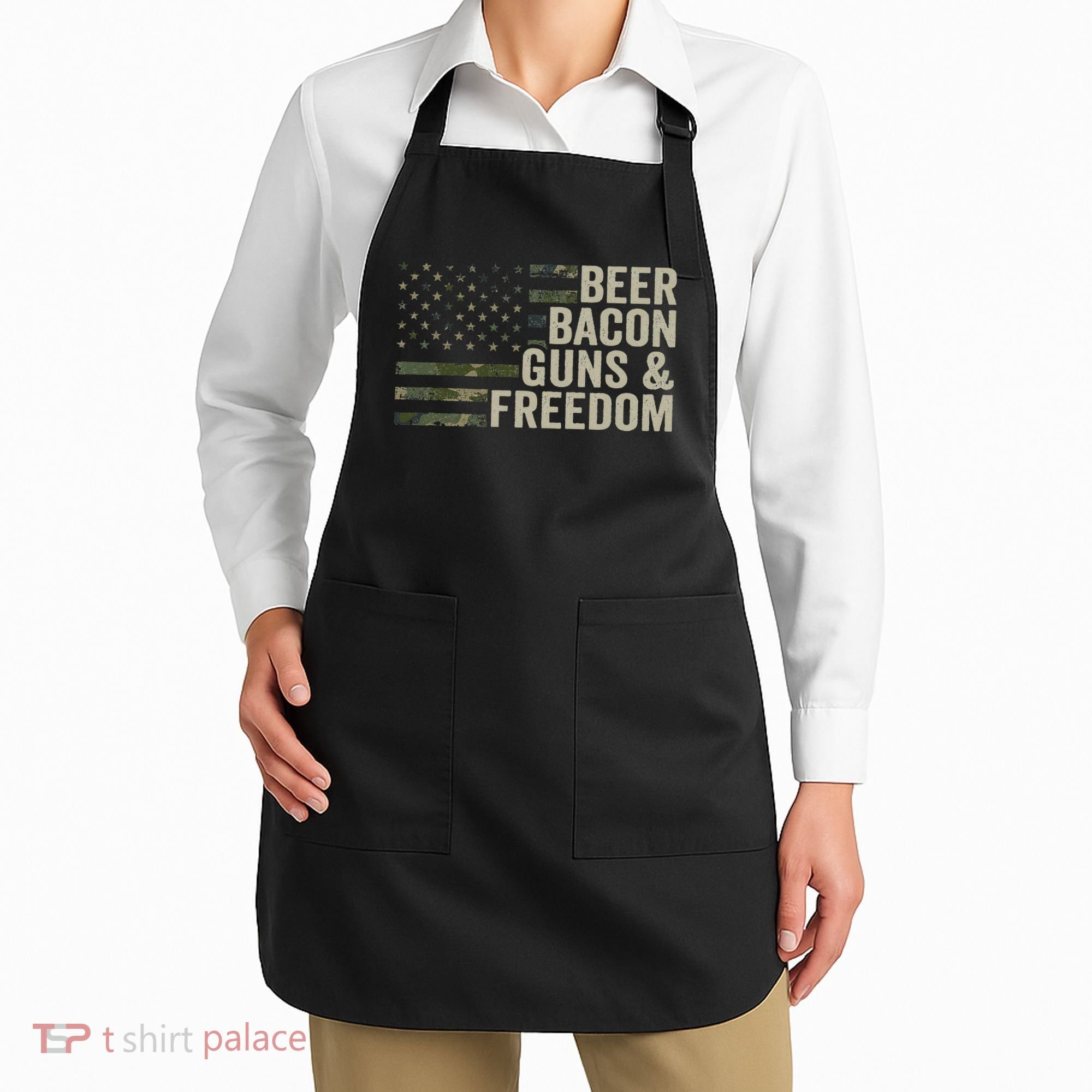 BEER BACON GUNS & FREEDOM - Funny BBQ Drinking Gun Camo Apron