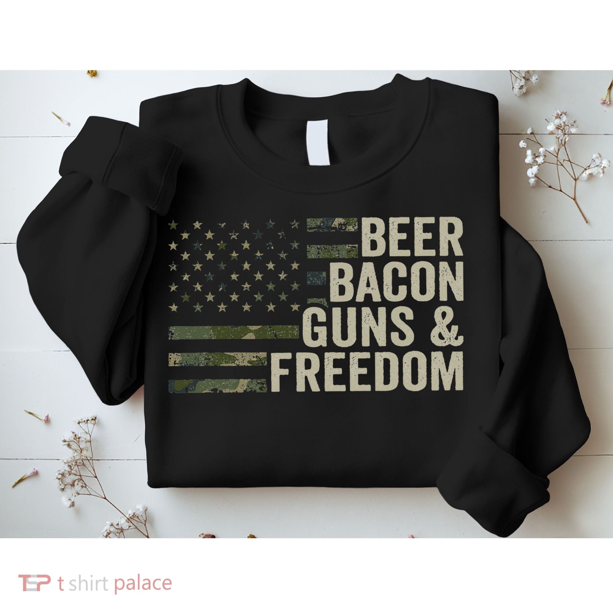 BEER BACON GUNS & FREEDOM - Funny BBQ Drinking Gun Camo Sweatshirt