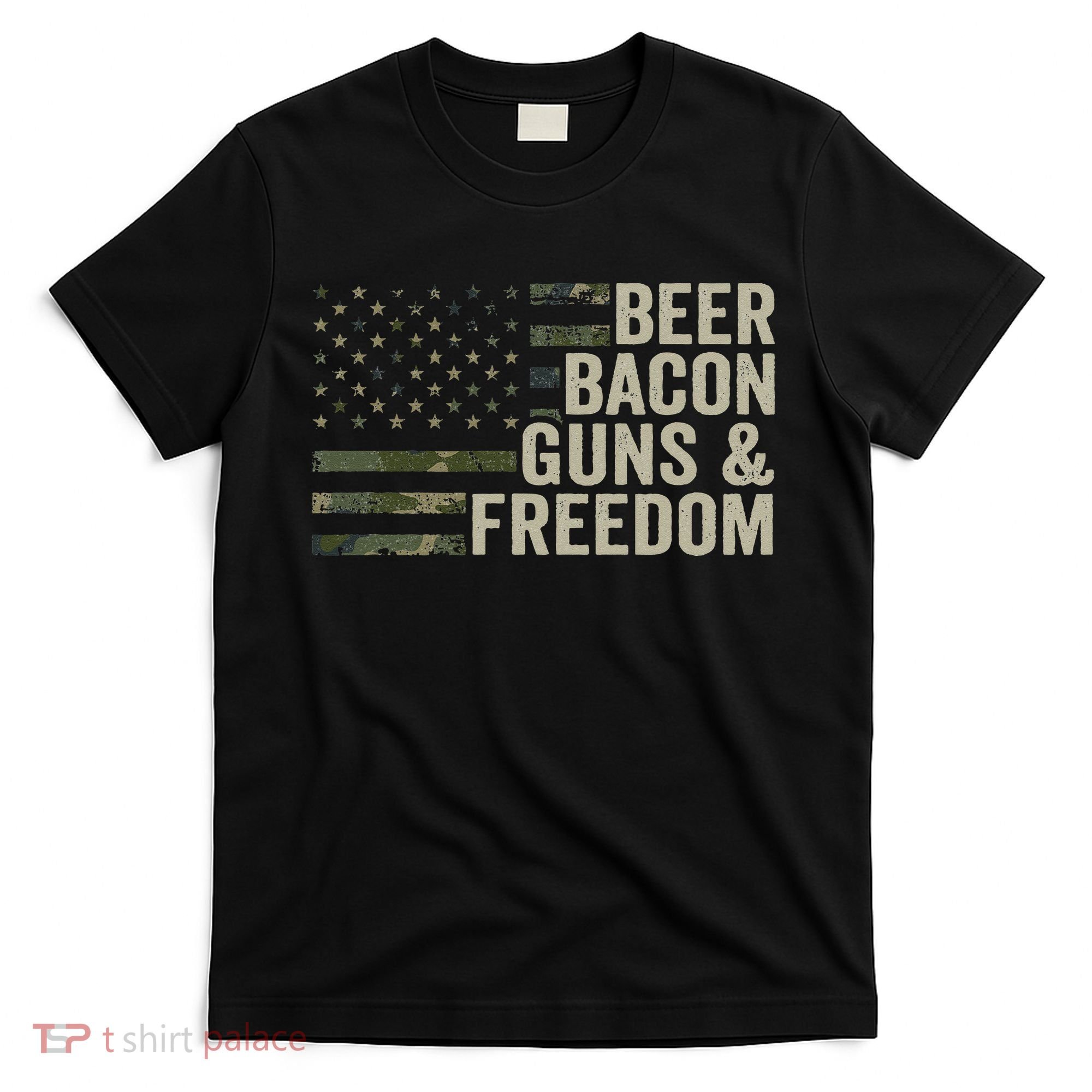 BEER BACON GUNS & FREEDOM - Funny BBQ Drinking Gun Camo T-Shirt