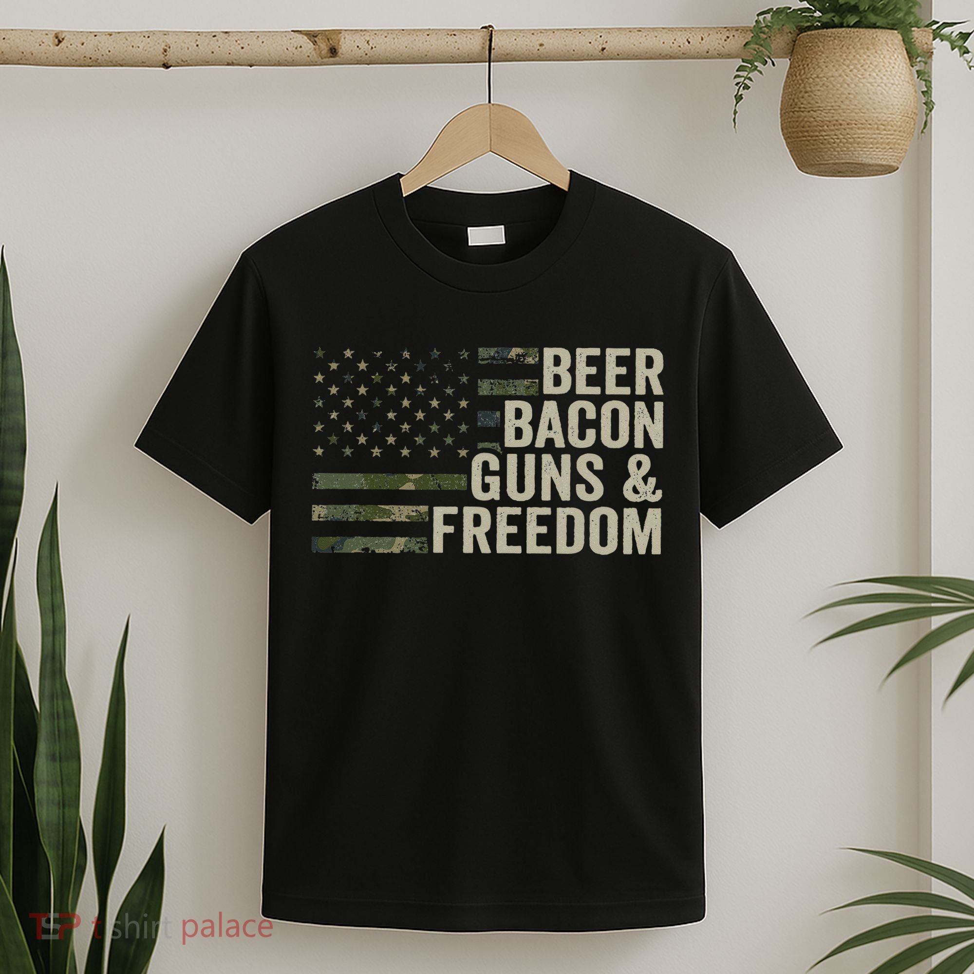 BEER BACON GUNS & FREEDOM - Funny BBQ Drinking Gun Camo T-Shirt