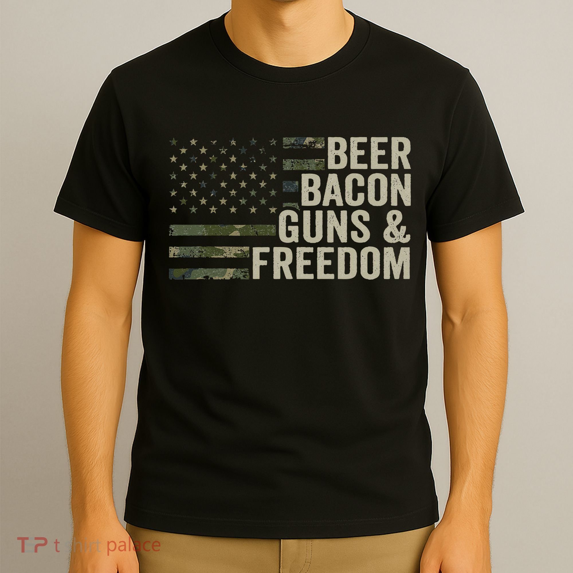 BEER BACON GUNS & FREEDOM - Funny BBQ Drinking Gun Camo T-Shirt