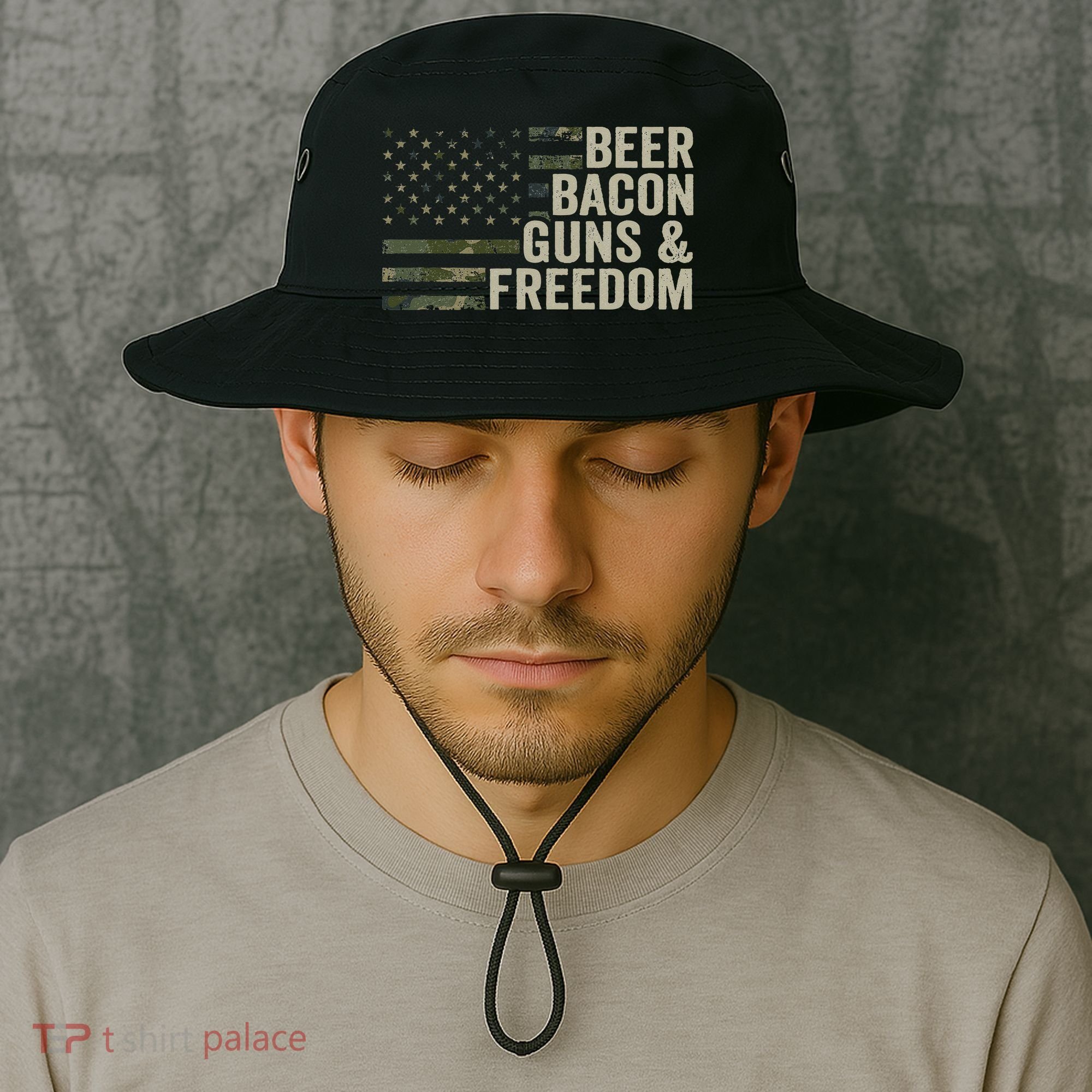 BEER BACON GUNS & FREEDOM - Funny BBQ Drinking Gun Camo Bucket Hat