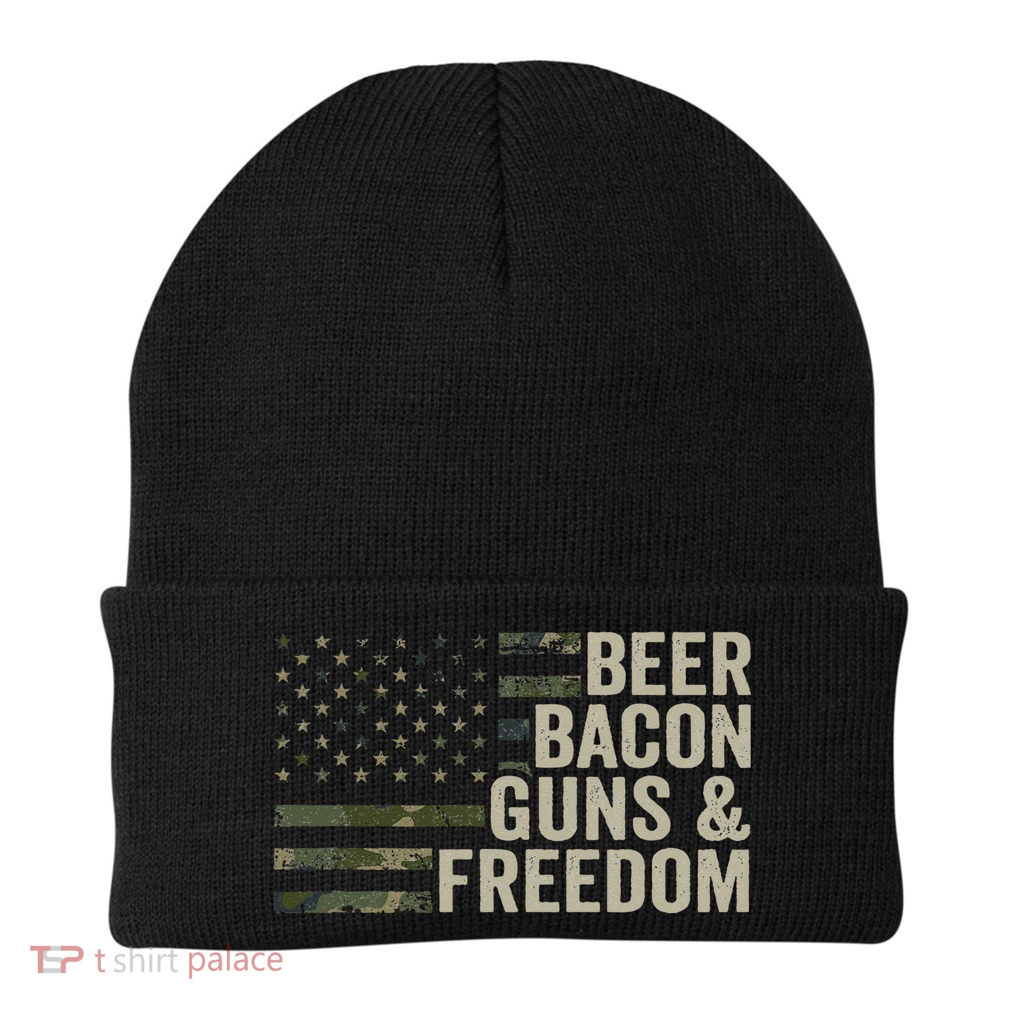BEER BACON GUNS & FREEDOM - Funny BBQ Drinking Gun Camo Beanie