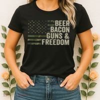 BEER BACON GUNS & FREEDOM - Funny BBQ Drinking Gun Camo Women's T-Shirt thumb 2