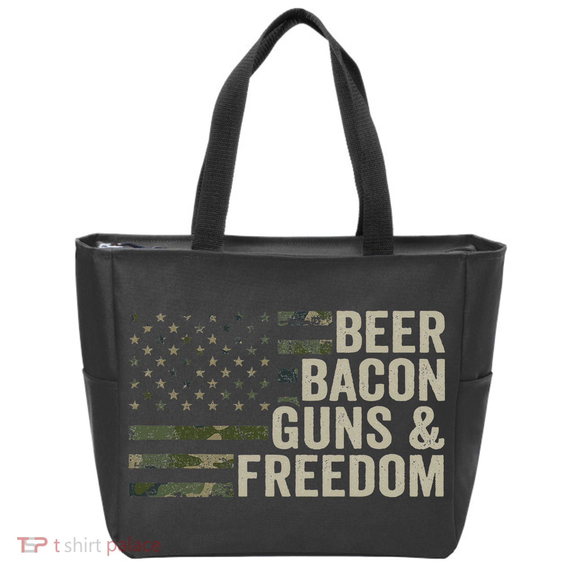 BEER BACON GUNS & FREEDOM - Funny BBQ Drinking Gun Camo Tote Bag