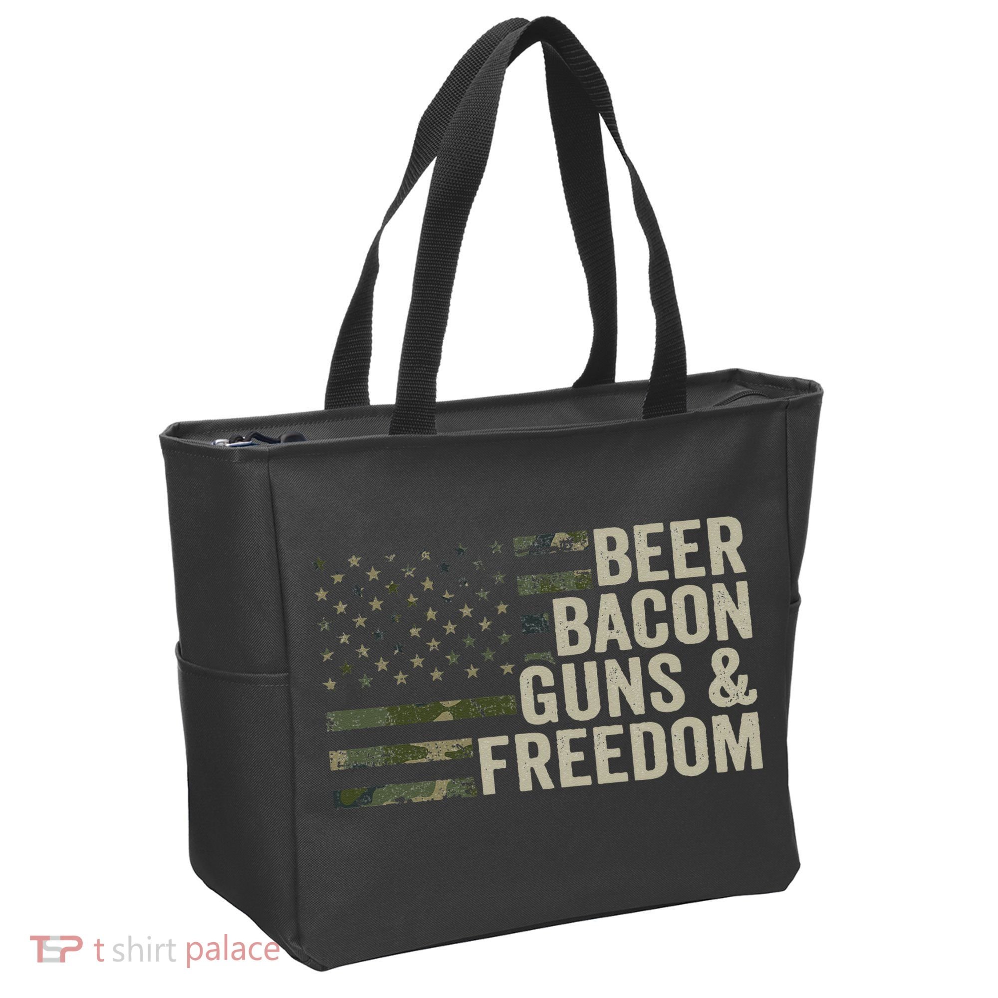 BEER BACON GUNS & FREEDOM - Funny BBQ Drinking Gun Camo Tote Bag