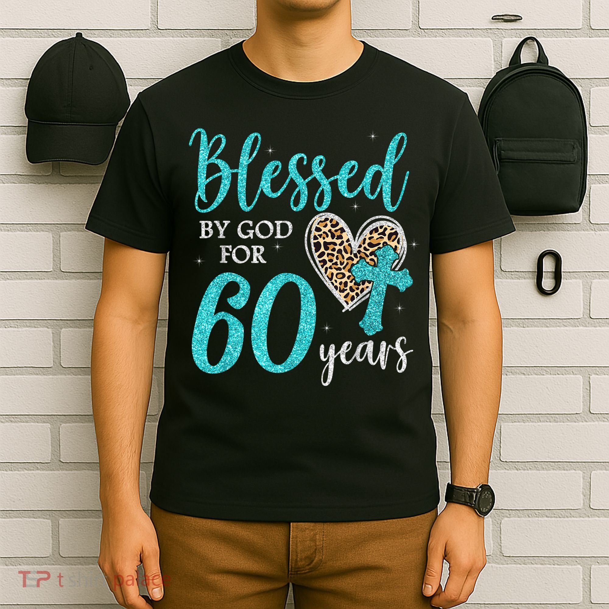 Blessed By God For 60 Years Happy 60th Bday Leopard Heart T-Shirt