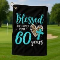 Blessed By God For 60 Years Happy 60th Bday Leopard Heart Golf Towel thumb 1