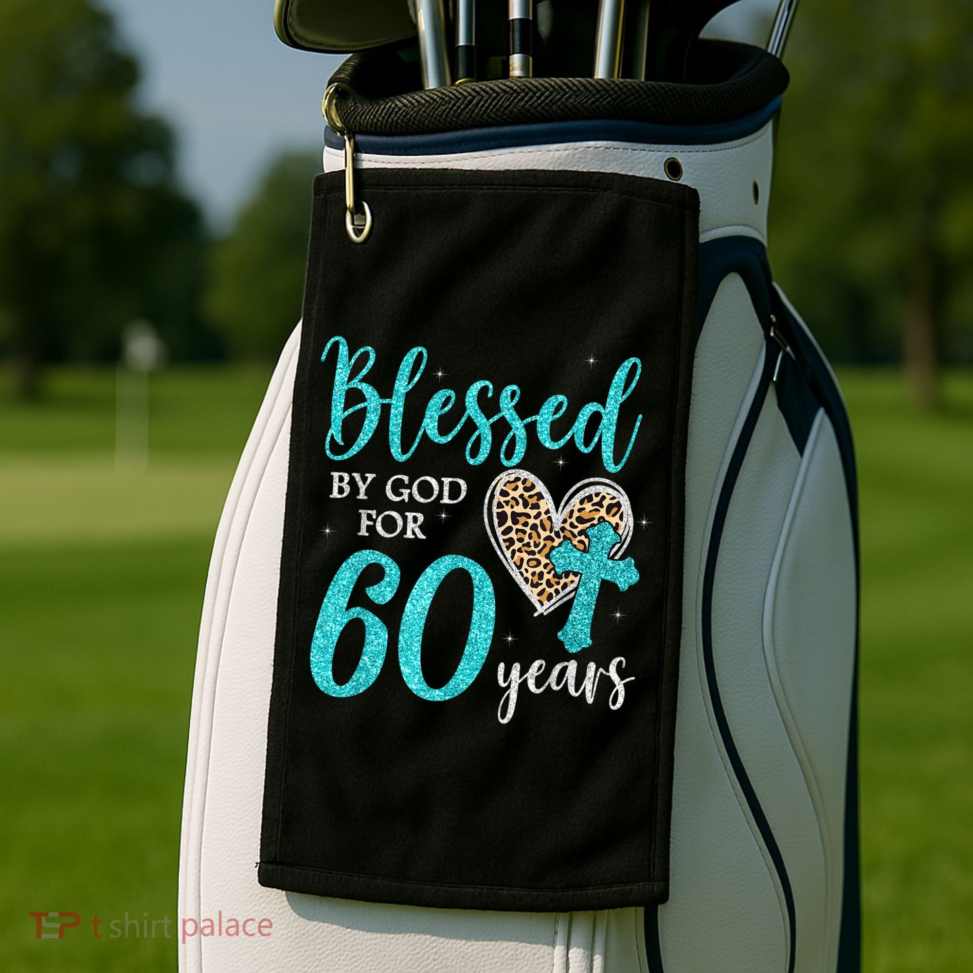 Blessed By God For 60 Years Happy 60th Bday Leopard Heart Golf Towel