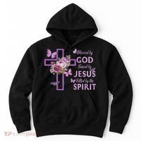Blessed By God Saved By Jesus Purple Floral Cross Christian Hoodie thumb 0