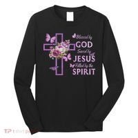 Blessed By God Saved By Jesus Purple Floral Cross Christian Long Sleeve Shirt thumb 0