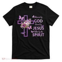 Blessed By God Saved By Jesus Purple Floral Cross Christian T-Shirt thumb 0