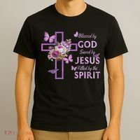 Blessed By God Saved By Jesus Purple Floral Cross Christian T-Shirt thumb 3