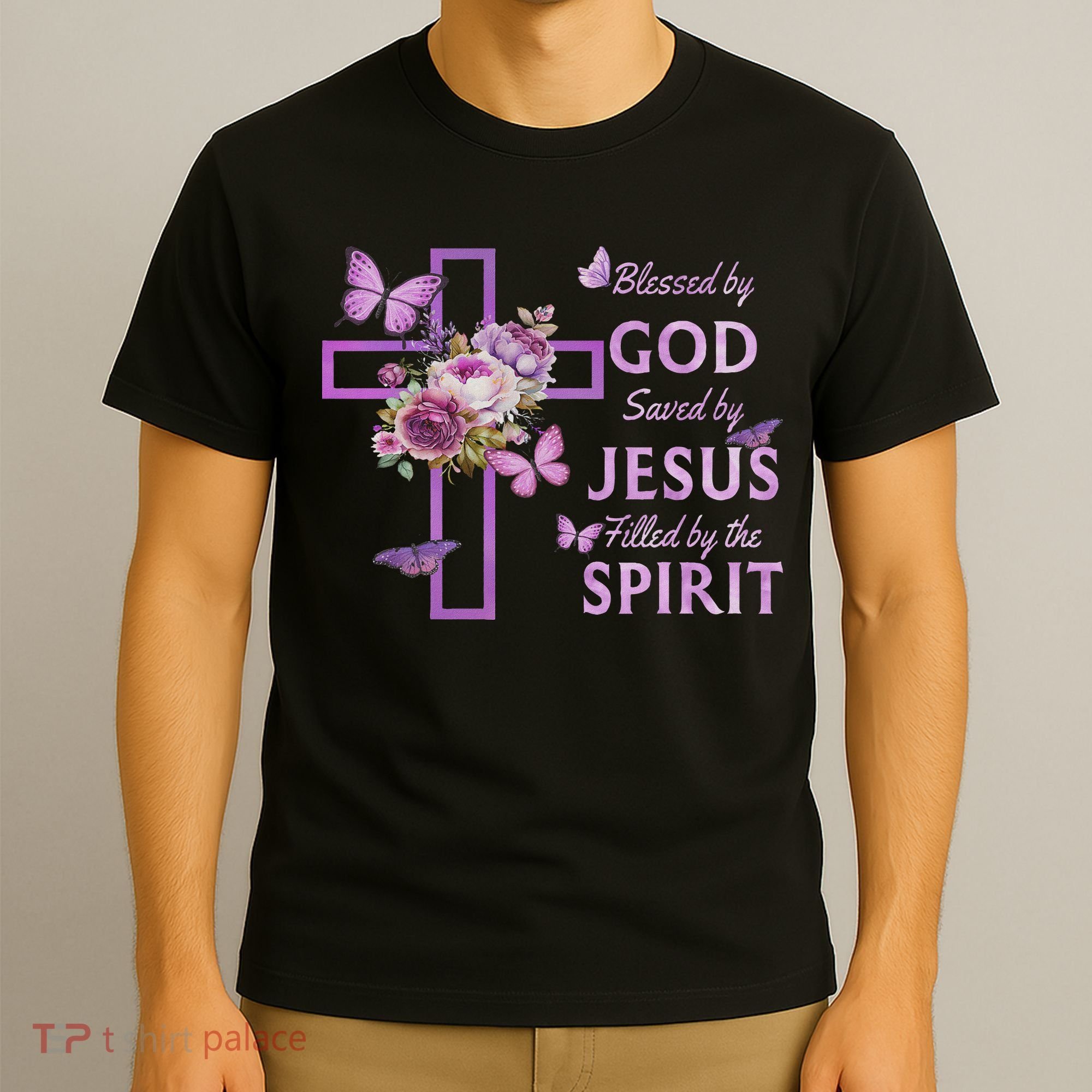 Blessed By God Saved By Jesus Purple Floral Cross Christian T-Shirt