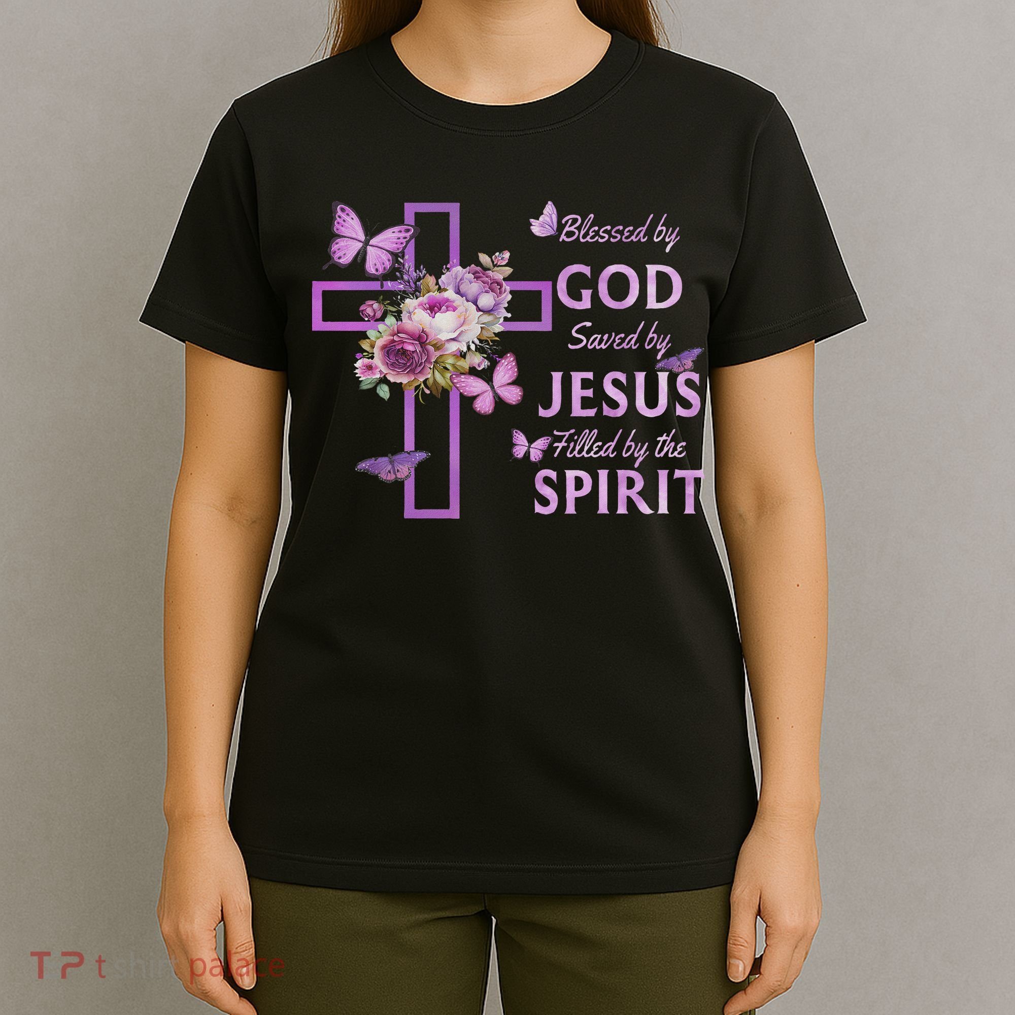Blessed By God Saved By Jesus Purple Floral Cross Christian T-Shirt