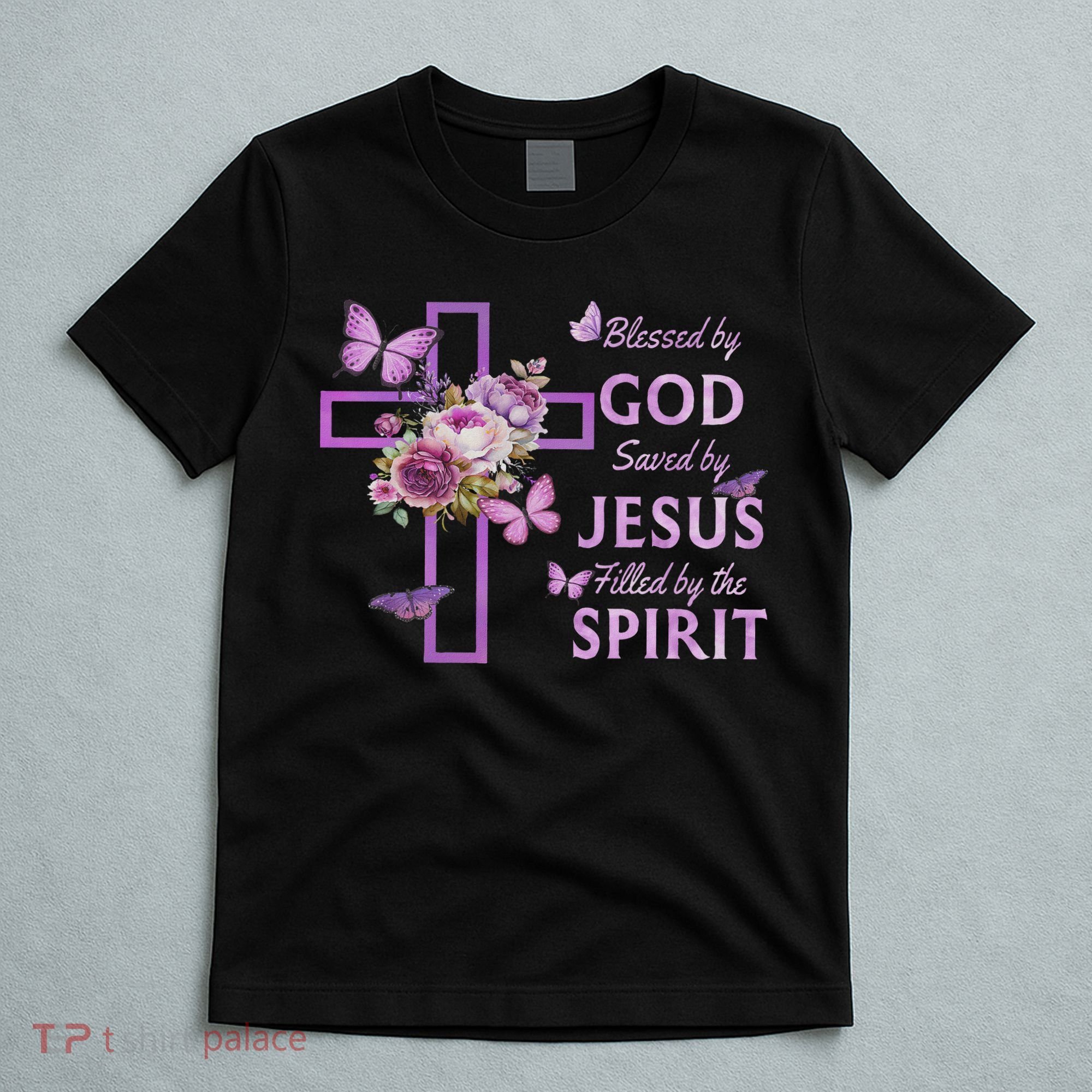 Blessed By God Saved By Jesus Purple Floral Cross Christian T-Shirt