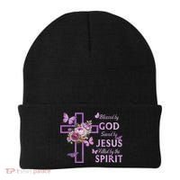 Blessed By God Saved By Jesus Purple Floral Cross Christian Beanie thumb 0