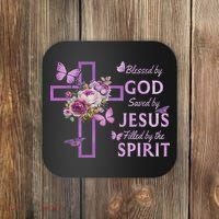 Blessed By God Saved By Jesus Purple Floral Cross Christian Coaster thumb 0