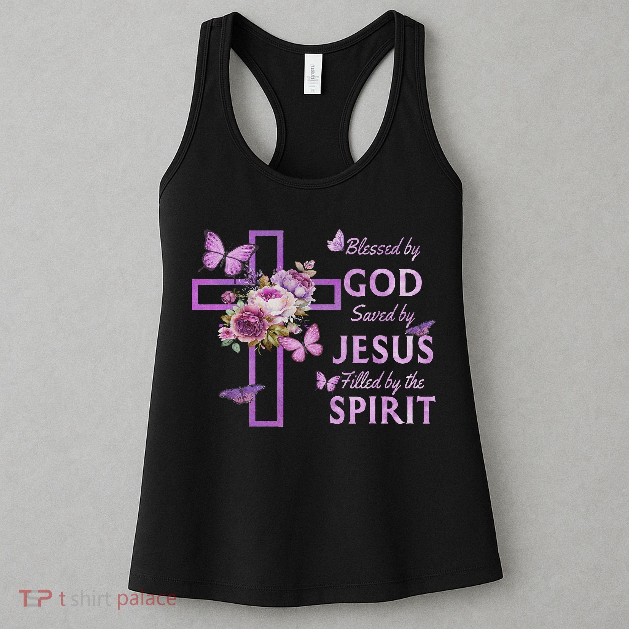 Blessed By God Saved By Jesus Purple Floral Cross Christian Women's Tank Top