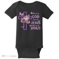 Blessed By God Saved By Jesus Purple Floral Cross Christian Baby Bodysuit thumb 0