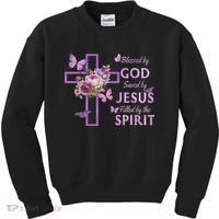 Blessed By God Saved By Jesus Purple Floral Cross Christian Kids Sweatshirt thumb 0