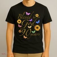 Blessed By God For 90 Year Butterfly Sunflower 90th Birthday T-Shirt thumb 3