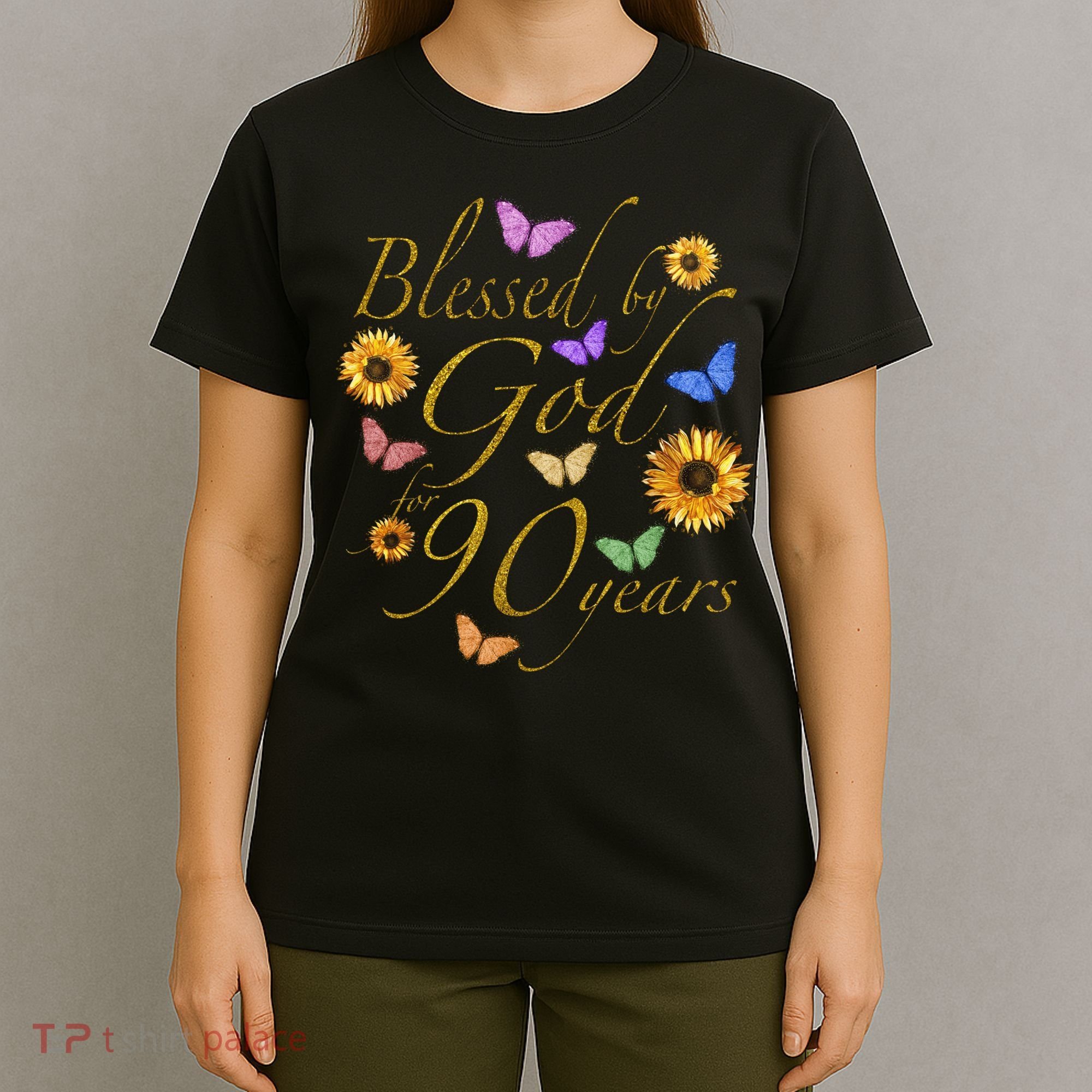 Blessed By God For 90 Year Butterfly Sunflower 90th Birthday T-Shirt