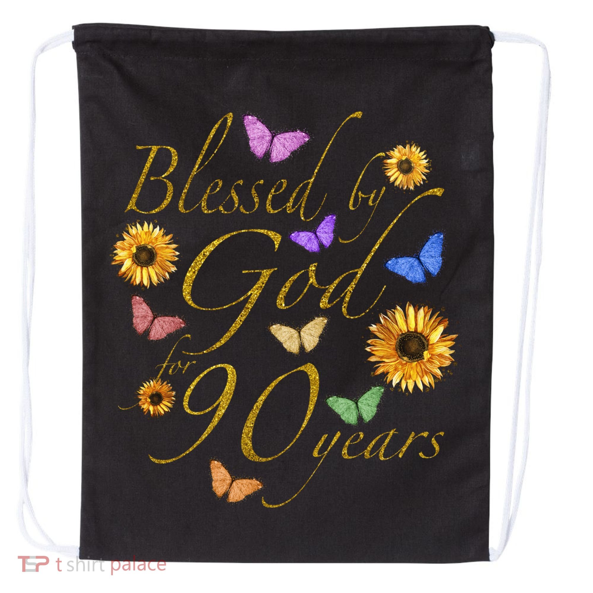 Blessed By God For 90 Year Butterfly Sunflower 90th Birthday Drawstring Bag