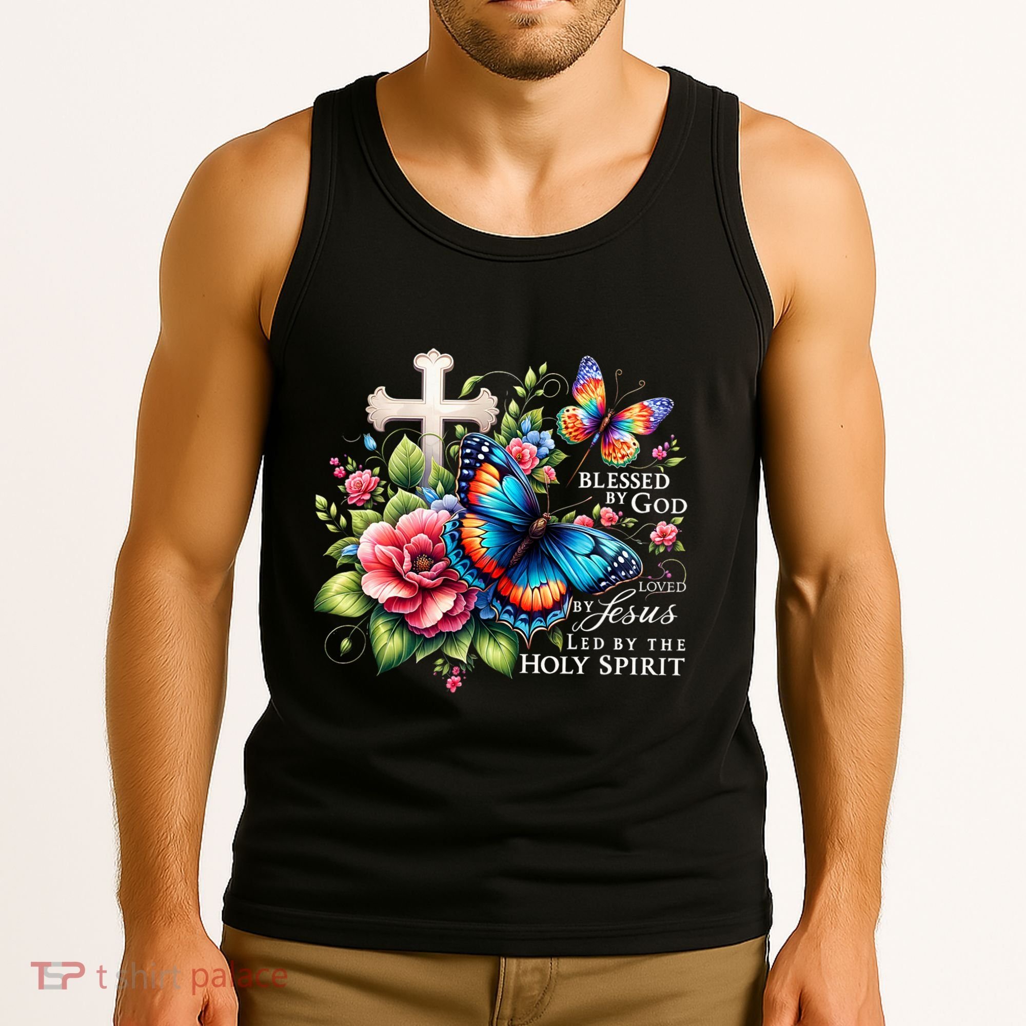 Blessed By God Loved By Jesus Happy Easter Day Butterfly Tank Top