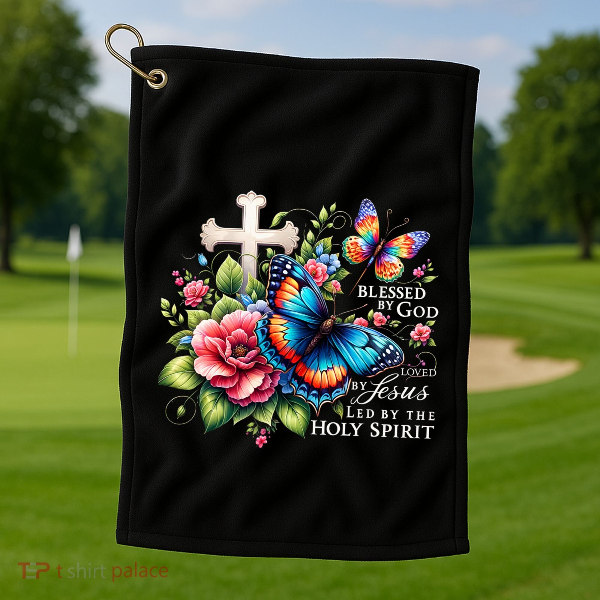 Blessed By God Loved By Jesus Happy Easter Day Butterfly Golf Towel