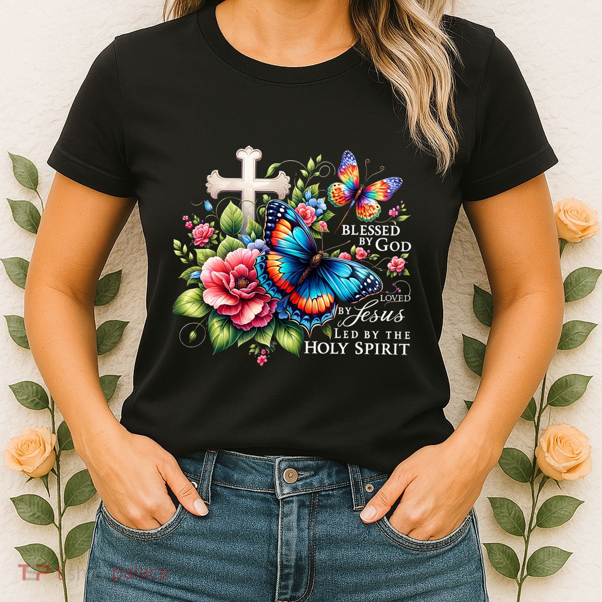 Blessed By God Loved By Jesus Happy Easter Day Butterfly Women's T-Shirt