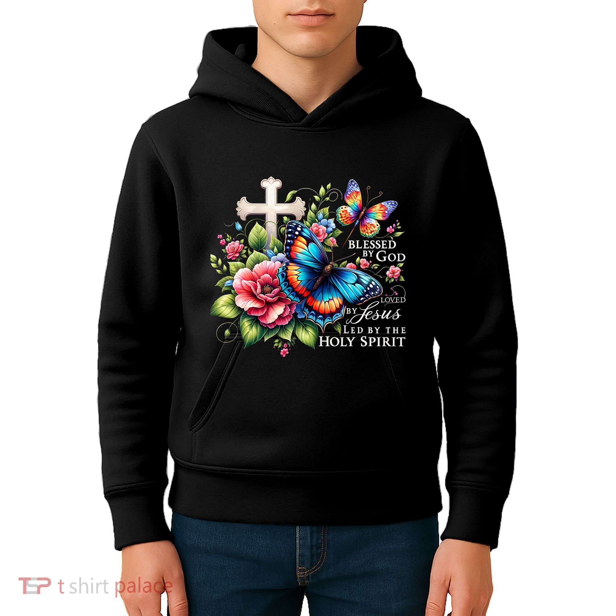 Blessed By God Loved By Jesus Happy Easter Day Butterfly Kids Hoodie
