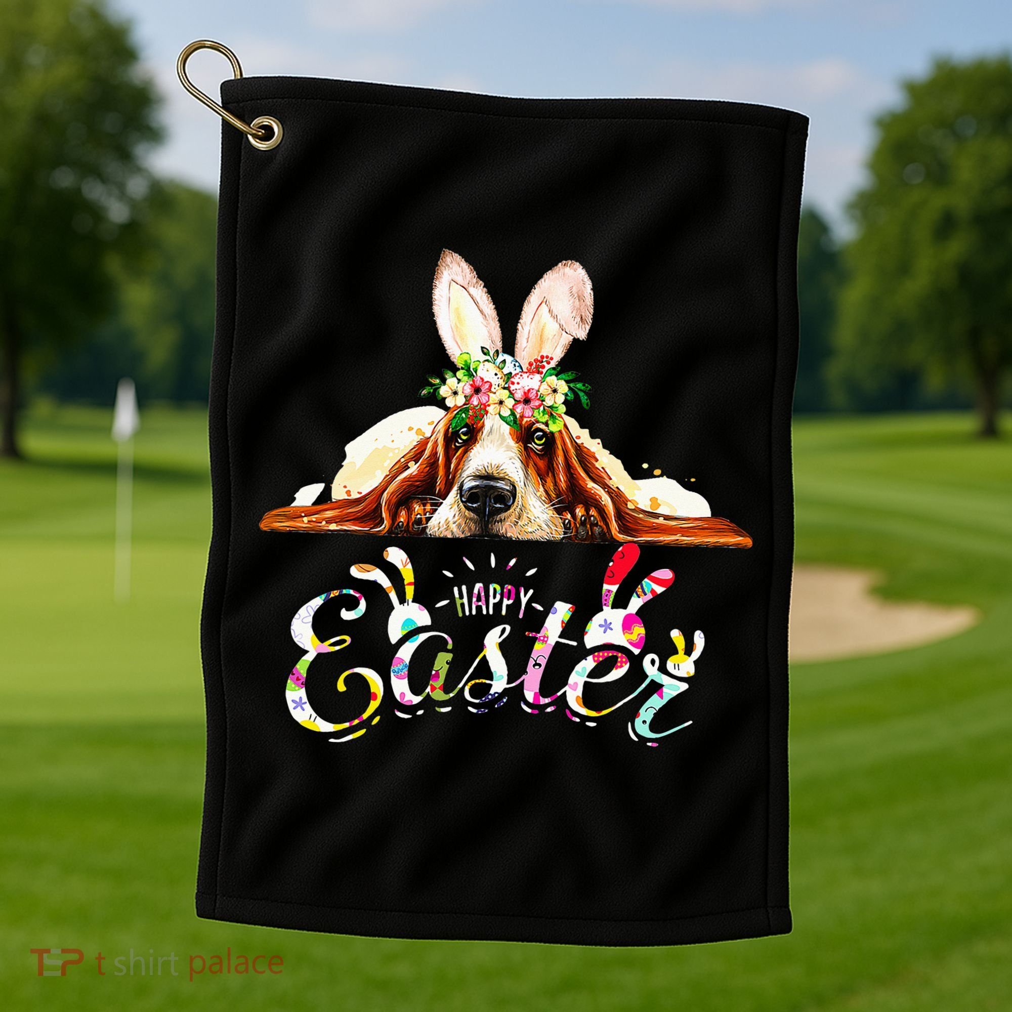 Bunny Basset Hound Lovers With Easter Eggs Golf Towel