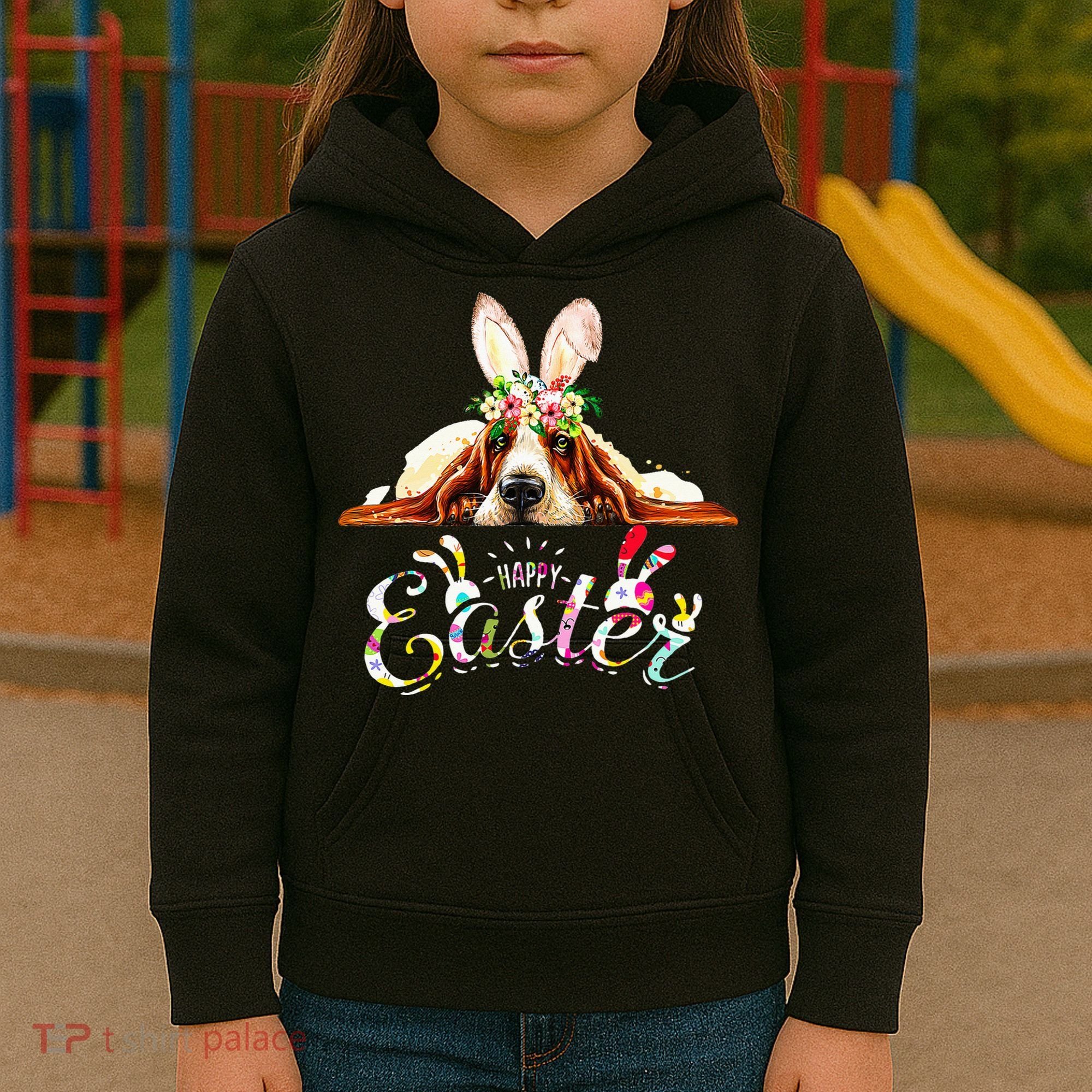 Bunny Basset Hound Lovers With Easter Eggs Kids Hoodie