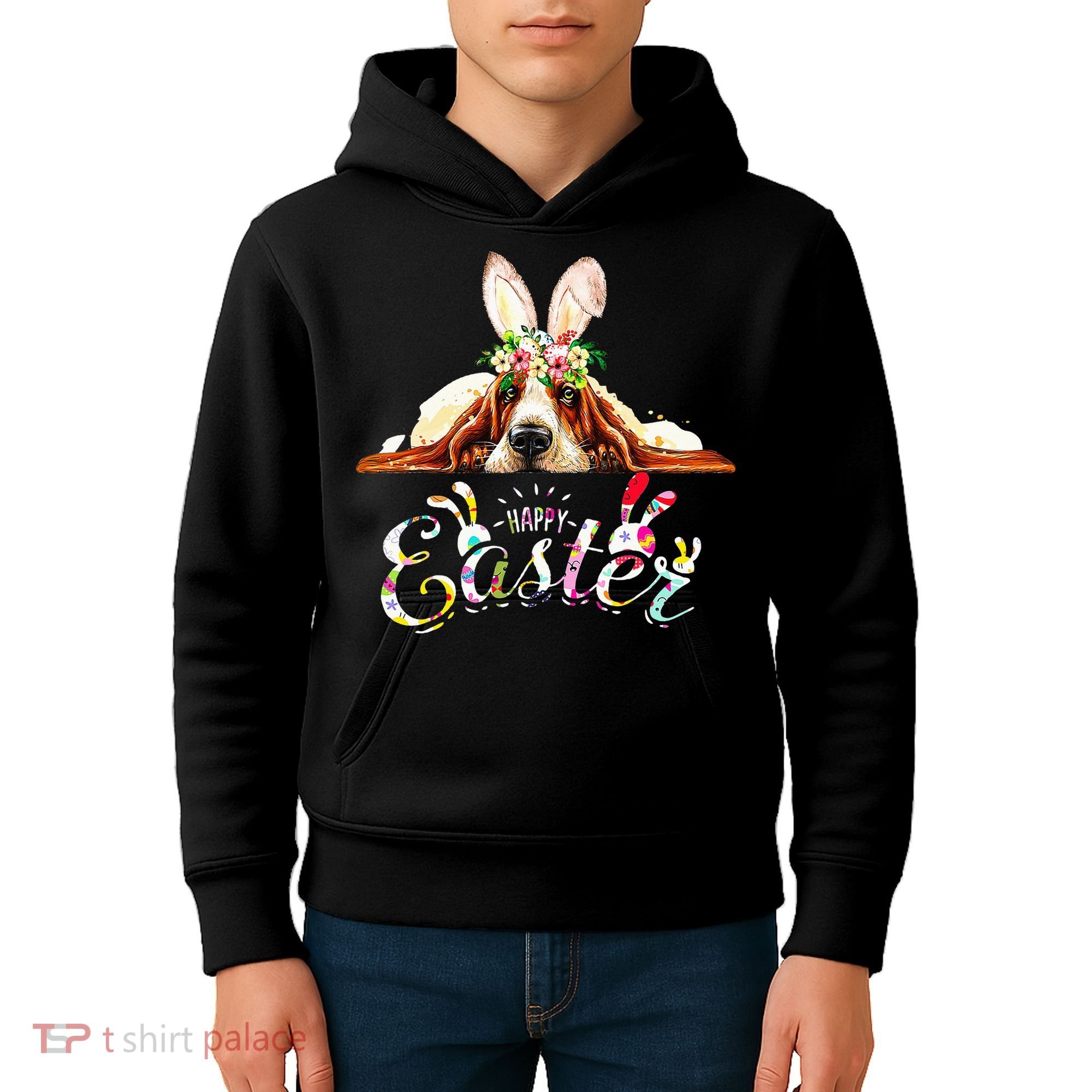 Bunny Basset Hound Lovers With Easter Eggs Kids Hoodie