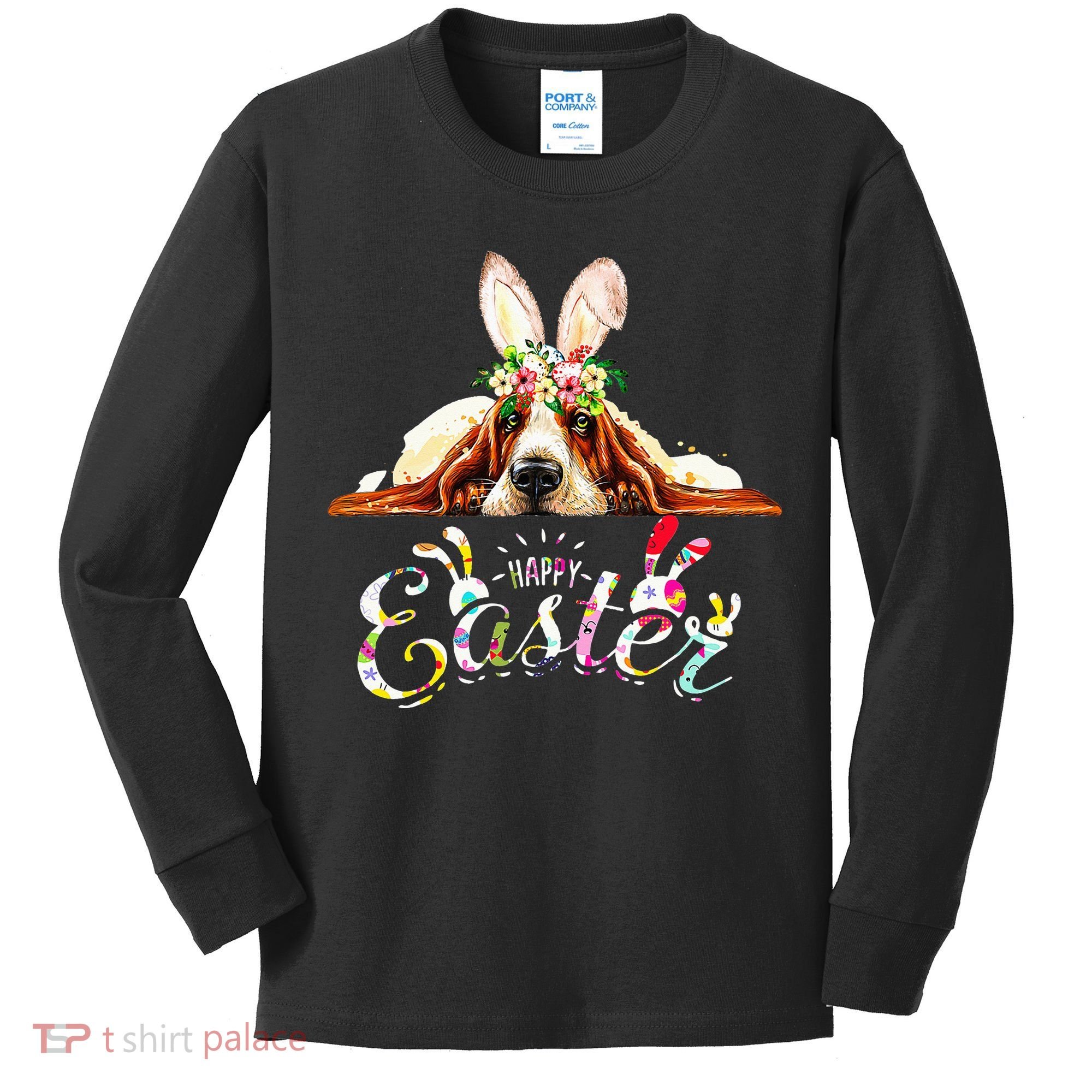 Bunny Basset Hound Lovers With Easter Eggs Kids Long Sleeve Shirt