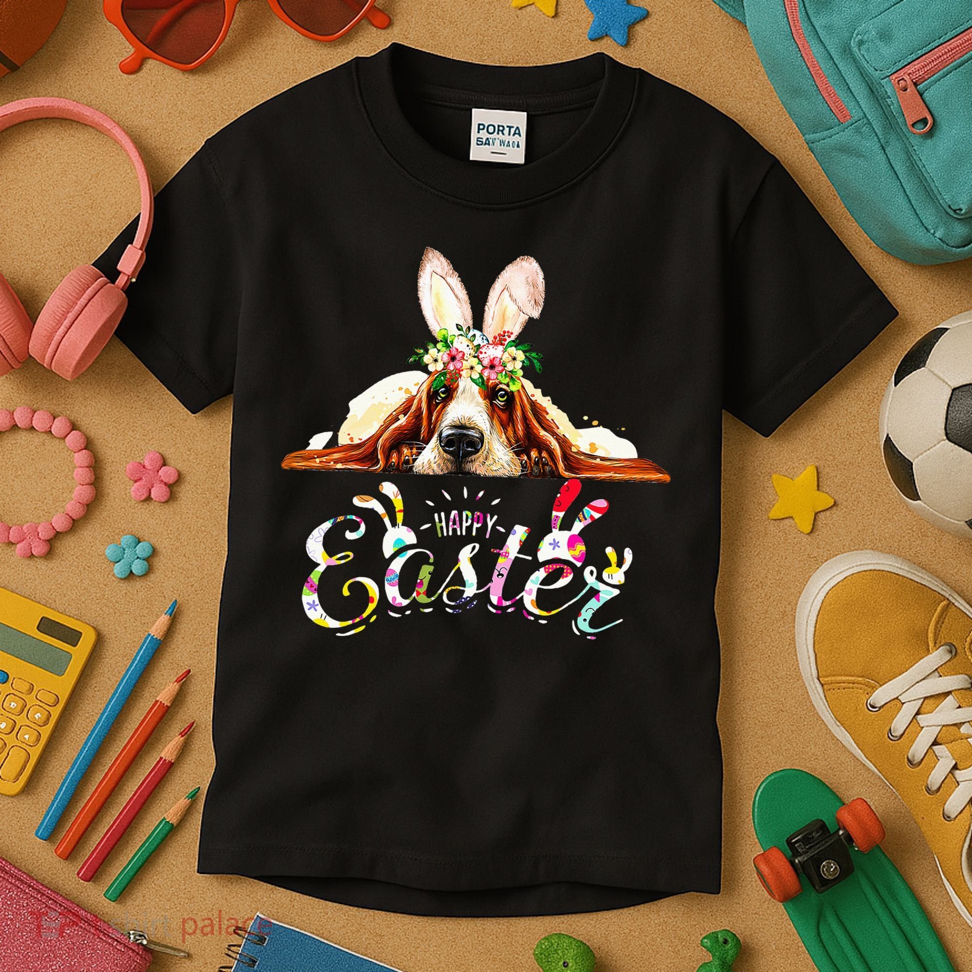 Bunny Basset Hound Lovers With Easter Eggs Kids T-Shirt